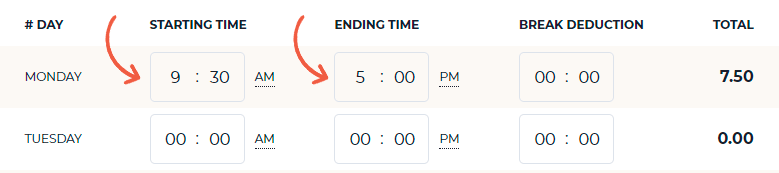 Enter the starting time and ending time